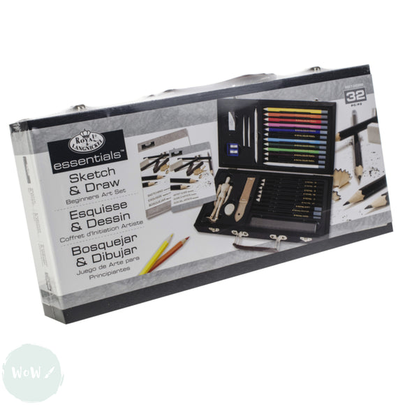 Sketching Set- ESSENTIALS Beginners - SKETCH & DRAW - 32 Piece Wooden Box