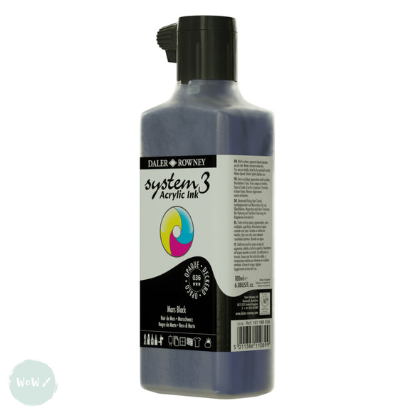 ACRYLIC INK - OPAQUE - Daler Rowney - SYSTEM 3 - 180ml Pipette Bottle - MARS BLACK