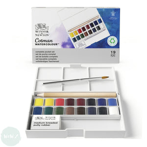 Watercolour Paint Sets - Winsor & Newton COTMAN –  COMPLETE POCKET BOX - 16 x Half Pans, Pencil, Putty Rubber & Brush