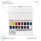 Watercolour Paint Sets - Winsor & Newton COTMAN –  COMPLETE POCKET BOX - 16 x Half Pans, Pencil, Putty Rubber & Brush