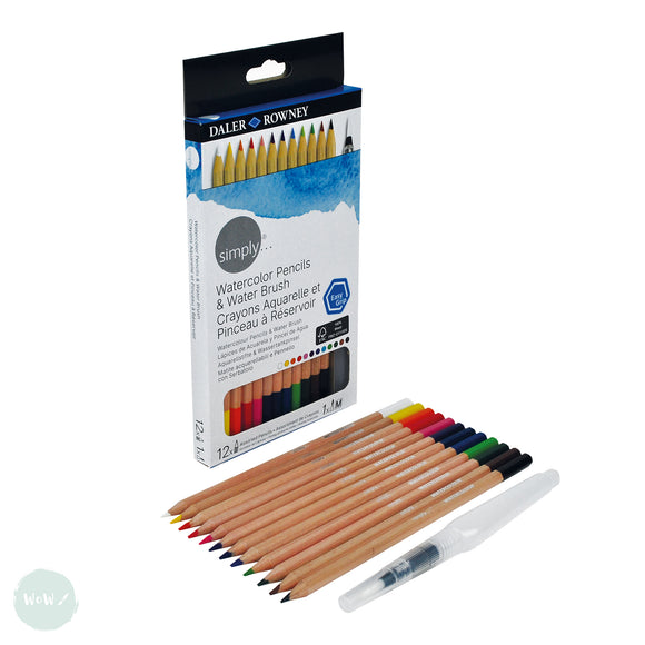 Watercolour Pencil Sets - Daler Rowney SIMPLY - 12 Assorted & Waterbrush Pen