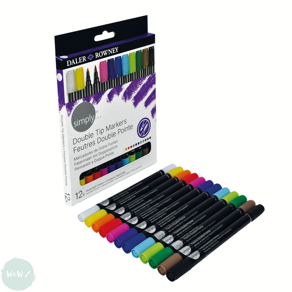 BRUSH PENS - Daler Rowney - SIMPLY - Dual Tip = Water-based,  assorted Set of 12