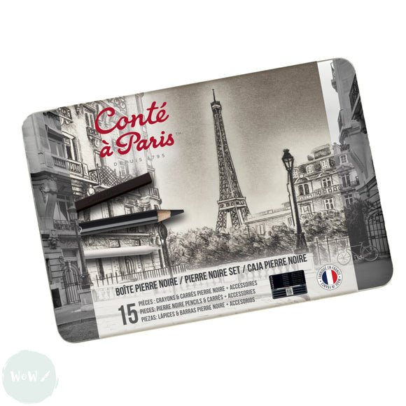 DRAWING / SKETICHING PENCILS - Conté à Paris - PIERRE NOIR SET - 15 Assorted Tin