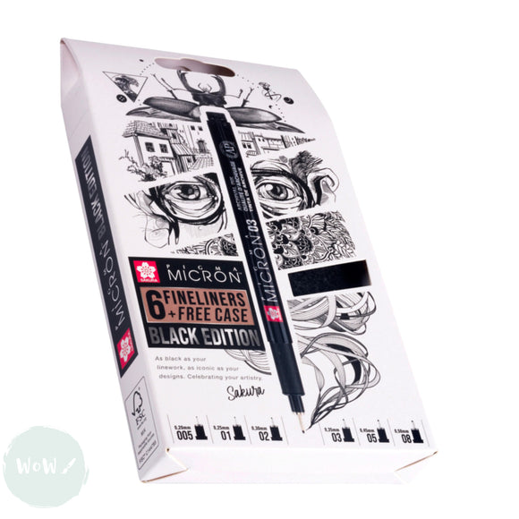 Fineliner Pigment Pen Set - SAKURA Pigma Micron - 6 assorted widths & FREE CASE