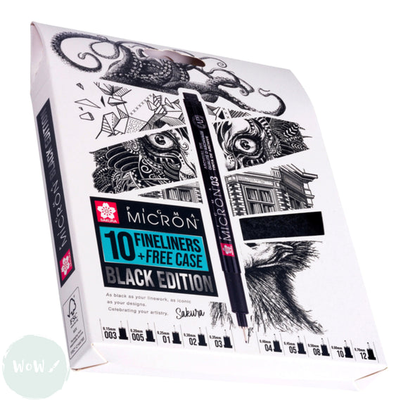 Fineliner Pigment Pen Set - SAKURA Pigma Micron - 10 assorted widths & FREE CASE