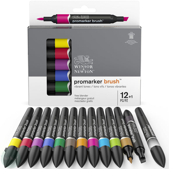 GRAPHIC MARKER PEN - Winsor & Newton - ProMarker BRUSH - 12+1 Set- 12 Assorted VIBRANT TONES plus FREE BLENDER