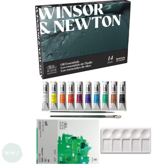 Oil Paint Set- Winsor & Newton - WINTON - Oil Essentials 14pc Set  - 10 x 12ml tubes, Palette, Pad, 2 x brushes