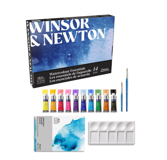 Watercolour Paint Sets - Winsor & Newton COTMAN –  Essentials 14pc Set - 10 x 5ml Tubes, Brushes, Palette & Pad
