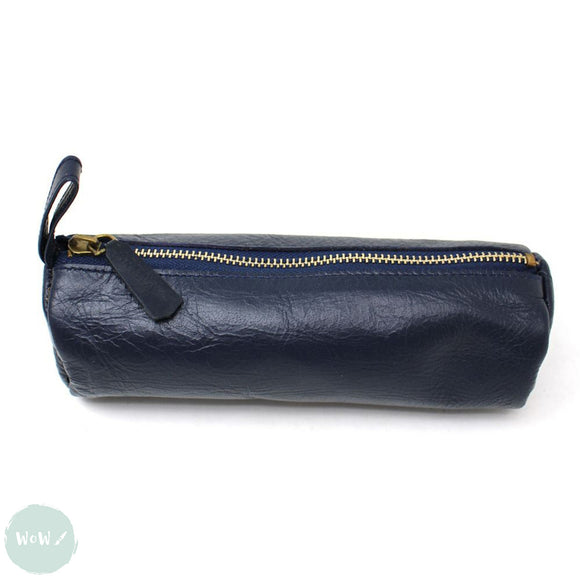 PENCIL CASE - Leather Zip Up - NAVY BLUE