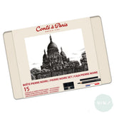 DRAWING / SKETICHING PENCILS - Conté à Paris - PIERRE NOIR SET - 15 Assorted Tin