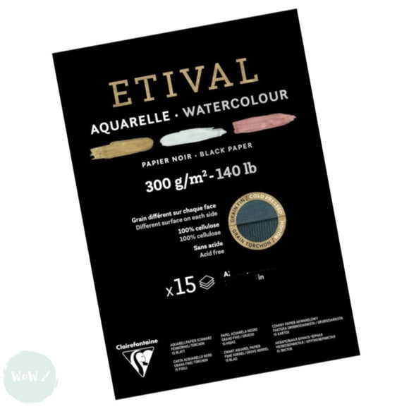 BLACK Watercolour Paper Pad - Clairefontaine - ETIVAL - Rough & Cold Pressed Surface - 300gsm - A3