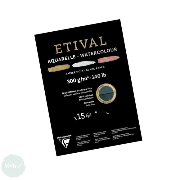 BLACK Watercolour Paper Pad - Clairefontaine - ETIVAL - Rough & Cold Pressed Surface - 300gsm - A5