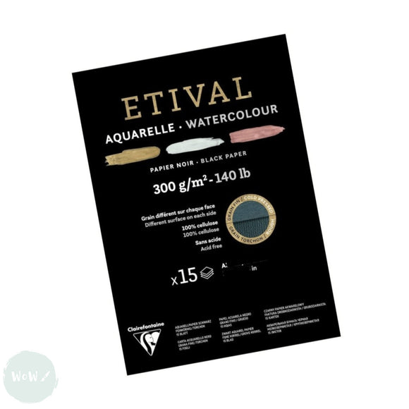 BLACK Watercolour Paper Pad - Clairefontaine - ETIVAL - Rough & Cold Pressed Surface - 300gsm - A4