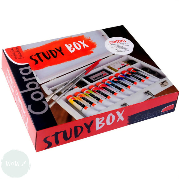 Oil Paint Set- WATER-MIXABLE - COBRA - Wooden STUDY BOX - 10 x 40ml Tubes & 7 Accessories