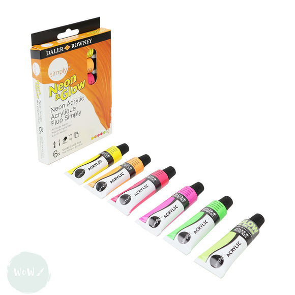 Acrylic Paint Set- Daler Rowney SIMPLY Acrylic - NEON & GLOW -  6 Assorted 12ml tubes