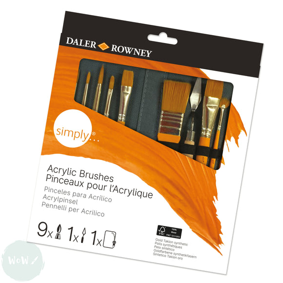 BRUSH SET - Daler Rowney - SIMPLY - 10 Assorted Synthetic ACRYLIC - Zip Case