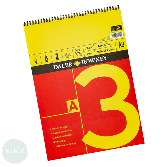 CARTRIDGE PAPER PAD - Spiral Bound - Daler Rowney - RED & YELLOW  - 150gsm White -A3
