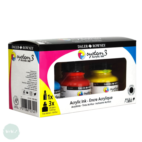 ACRYLIC INK - OPAQUE - Daler Rowney - SYSTEM 3 - 29.5ml Pipette Bottle - STARTER Set - 3 x Pipette Bottles plus free re-fillable pen