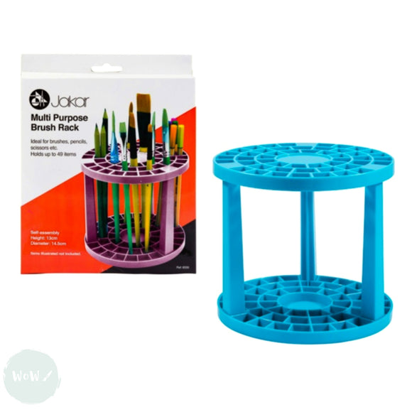 Blue multi-purpose brush rack with packaging on a white background