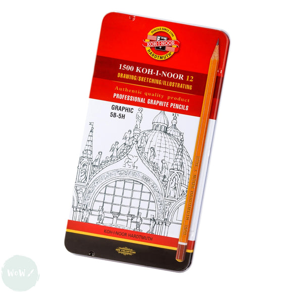 Sketching Set- KOH-I-NOOR HARDTMUTH 1500 Graphite Pencil Tin 12  'Graphic'' Grades 5B-5H