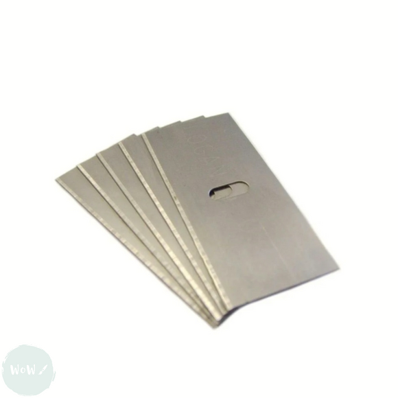 A stack of silver-colored blades for a craft knife, showing the blade's shape and the small Logan brand logo at the top left corner.