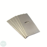 A stack of silver-colored blades for a craft knife, showing the blade's shape and the small Logan brand logo at the top left corner.