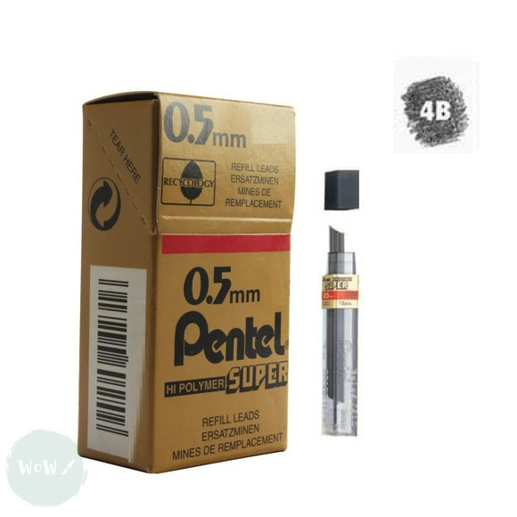 MECHANICAL Pencil - 0.5mm - Pentel Super Hi-Polymer Refill Leads  - BOX OF 12 x 12 LEADS (144) - 4B