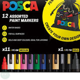 PAINT MARKER - POSCA - Set - 11  x PC-5M & 1 x PC-7M plus free pen pouch - STANDARD Colours