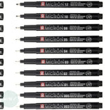 Fineliner Pigment Pen Set - SAKURA Pigma Micron - 10 assorted widths & FREE CASE