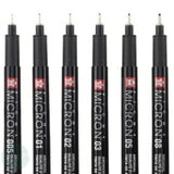 Fineliner Pigment Pen Set - SAKURA Pigma Micron - 6 assorted widths & FREE CASE