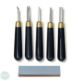 BLOCK / LINO PRINTING - CUTTING TOOL - RGM 5 Assorted fixed handle & blades and sharpening stone
