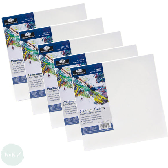 DEEP EDGE White Primed Stretched 100% Cotton Canvas – ESSENTIALS - 10 x 10”, 254 x 254 mm - FIVE PACK