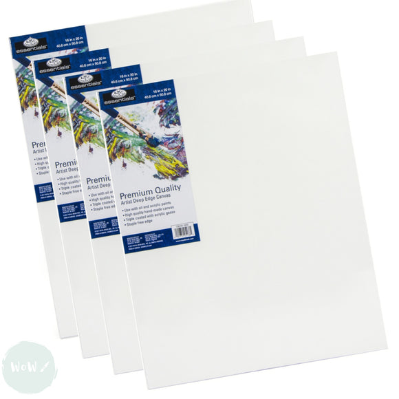 DEEP EDGE White Primed Stretched 100% Cotton Canvas – ESSENTIALS - 16 x 20”, 406 x 508 mm - FOUR PACK