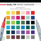 Coloured Pen Set - ROYAL Dual-Tip Artist Markers - Water-based, Brush & 0.4mm - 36 Assorted