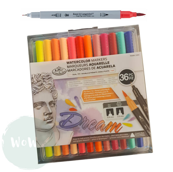 Coloured Pen Set - ROYAL Dual-Tip Artist Markers - Water-based, Brush & 0.4mm - 36 Assorted