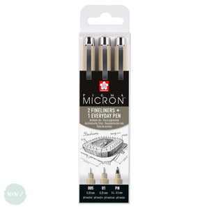 Fineliner Pigment Pen Set - SAKURA Pigma Micron - ARCHITECTURE / URBAN - 3 Black assorted - 0.05, 0.1, PN