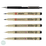 Fineliner Pigment Pen Set - SAKURA Pigma Micron - MANGA SET - BLACK - 01, 03, 05, 1 mm, Brush & 0.7 Pencil
