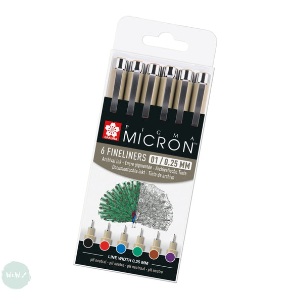 Fineliner Pigment Pen Set - SAKURA Pigma Micron - 6 assorted colours  - 0.1