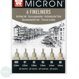 Fineliner Pigment Pen Set - SAKURA Pigma Micron - 6 FINELINERS - BLACK - 005, 01, 02, 03. 05, 08