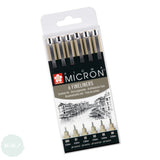 Fineliner Pigment Pen Set - SAKURA Pigma Micron - 6 FINELINERS - BLACK - 005, 01, 02, 03. 05, 08