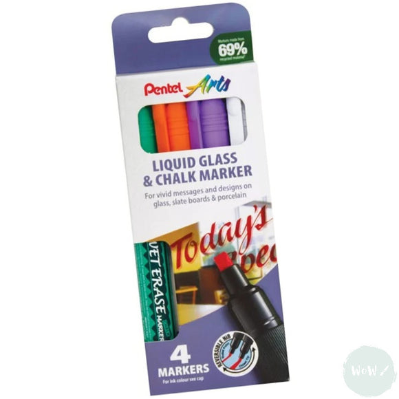 CHALK PAINT MARKERS – Pentel - WET ERASE - Small Chisel Tip – ASSORTED PACK OF 4 (WHITE, ORANGE, VIOLET, GREEN)