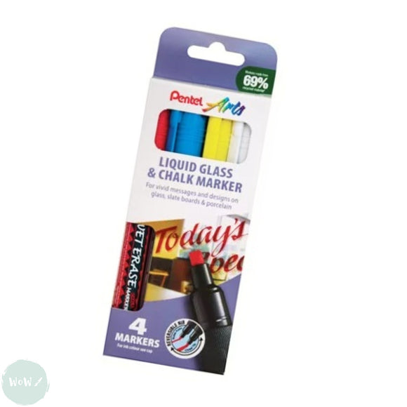 CHALK PAINT MARKERS – Pentel - WET ERASE - Small Chisel Tip – ASSORTED PACK OF 4