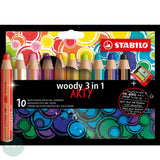 WATER-SOLUBLE WAX PASTEL PENCIL -  Stabilo - WOODY 3 in 1 - 10 assorted colours & sharpener