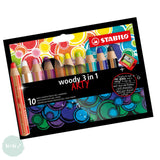 WATER-SOLUBLE WAX PASTEL PENCIL -  Stabilo - WOODY 3 in 1 - 10 assorted colours & sharpener