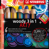 WATER-SOLUBLE WAX PASTEL PENCIL -  Stabilo - WOODY 3 in 1 - SIX assorted colours & sharpener