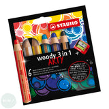 WATER-SOLUBLE WAX PASTEL PENCIL -  Stabilo - WOODY 3 in 1 - SIX assorted colours & sharpener