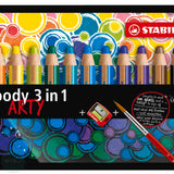 WATER-SOLUBLE WAX PASTEL PENCIL -  Stabilo - WOODY 3 in 1 - EIGHTEEN assorted colours & sharpener