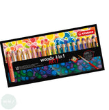 WATER-SOLUBLE WAX PASTEL PENCIL -  Stabilo - WOODY 3 in 1 - EIGHTEEN assorted colours & sharpener