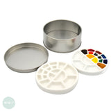 Ceramic Palette - TWO ROUND PORTABLE MINI PALETTES IN TIN - 24 wells for colour & 8 mixing wells