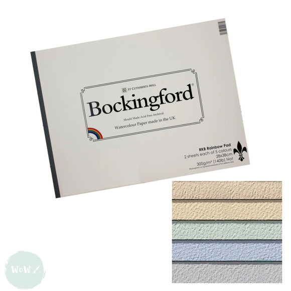 WATERCOLOUR PAPER PAD -Bockingford Tint 'RAINBOW' - 10 sheets - 5 assorted colours -300gsm NOT Surface - 28 x 38 cm